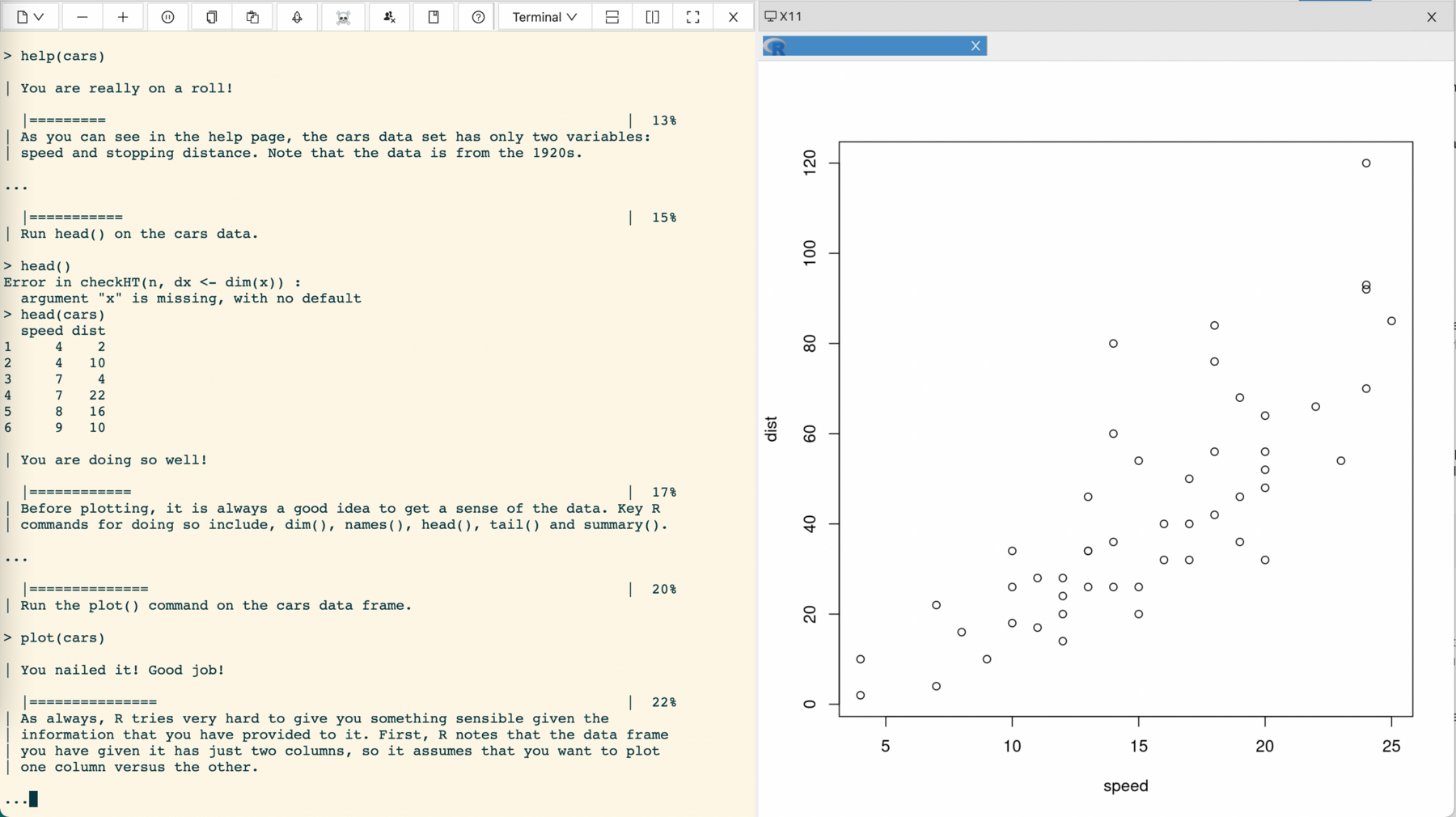 Using Swirl via X11 to do the basic programming course