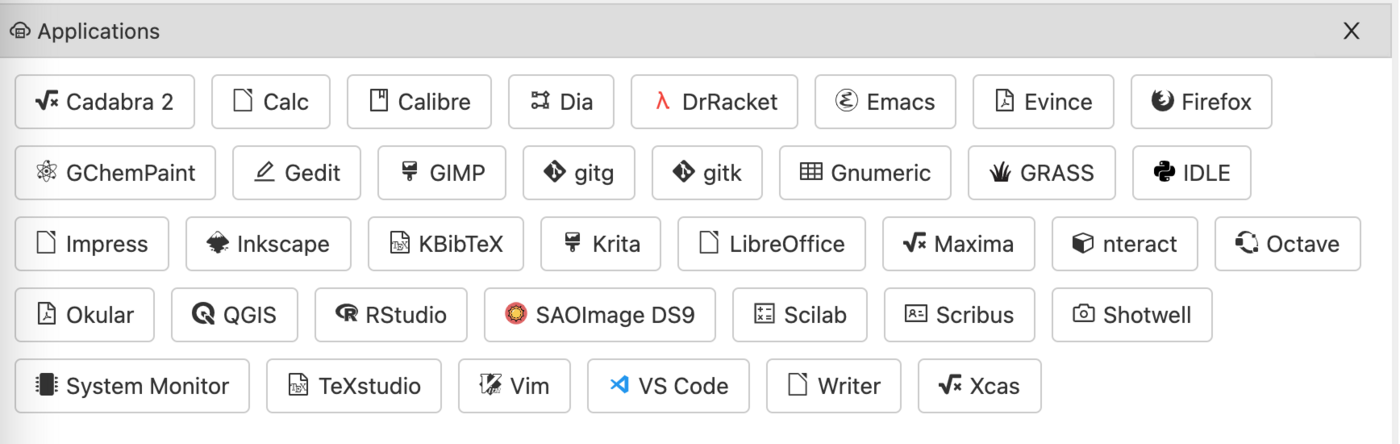 Image showing buttons for many X11 Applications in CoCalc